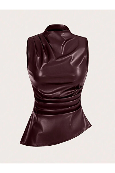 Take Two By Styli Burgundy Faux Leather Pleated Asymmetric Hem Top