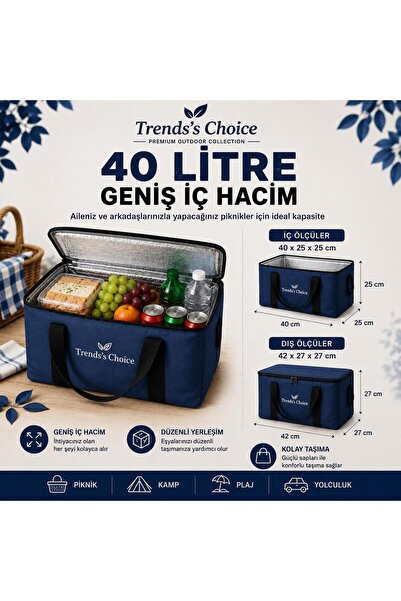 trends's choice 40 Litre Termal Buzluk Çanta Katlanabilir Piknik Kamp Plaj ve Yolculuk İçin Soğuk Sıcak Koruyucu Seyehat Çantası