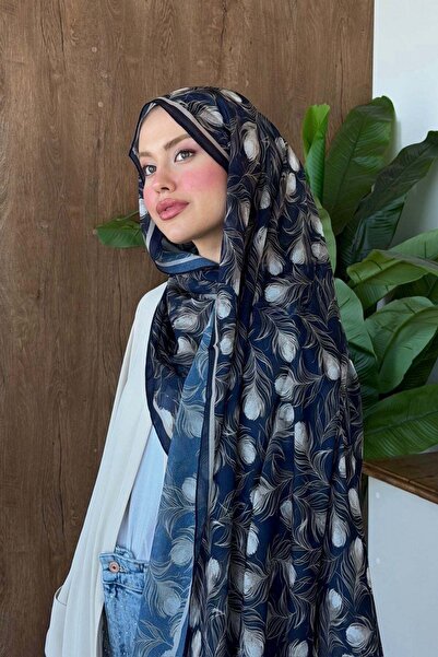 Hazamoda Feather Patterned Shawl Navy Blue