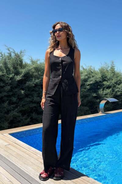 Mine Tan Butik Γυναικείο Σετ Παντελόνι με Γιλέκο Τετράγωνο Γιακά - Μαύρο