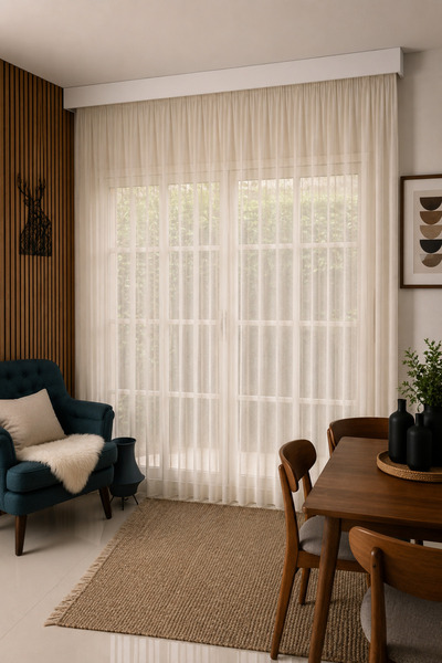 Elen's Linen-Like No-Iron Long Tulle Curtain Elite Natural Pleated Art