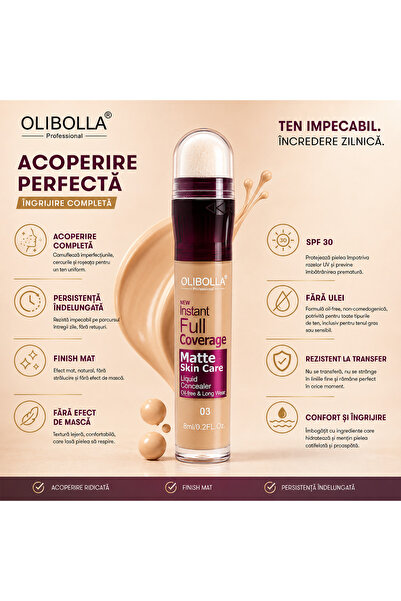 OLİBOLLA Instant Full Coverage Concealer SPF 30 PA++ – Acoperire Ridicată, Finish Mat, 4 Nuanțe