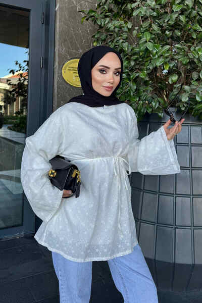 İmajButik Ekru Geniş Kol Nakış İşlemeli Tunik