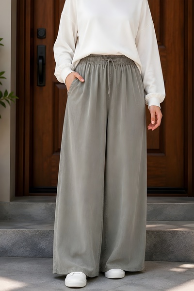 İmajButik Haki pantalone sa dvostrukim džepovima od tencela i elastičnim strukom