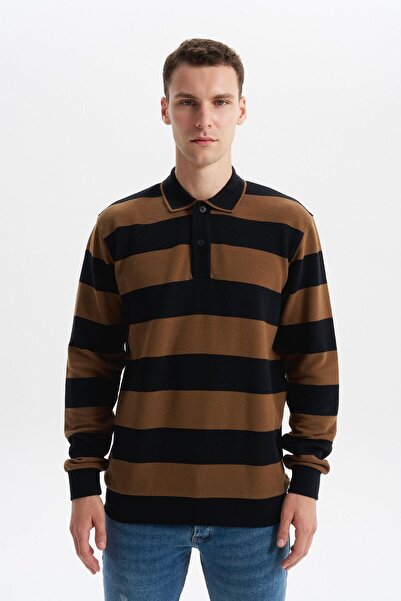 Arma Ar-Ma Men's Polo Collar Sweatshirt Unprinted Striped Buttoned Pocketless...