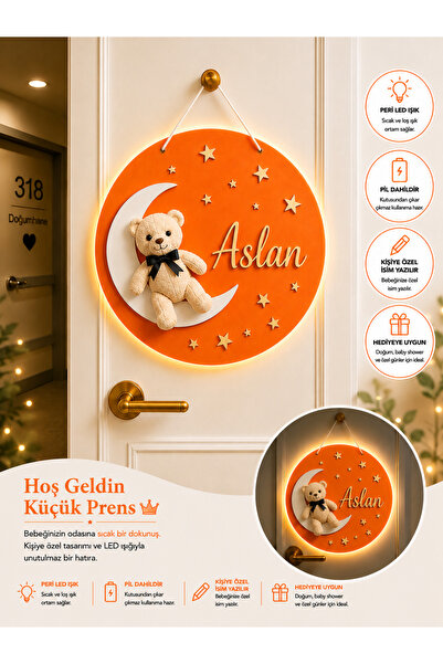 baskigo.com Kişiye Özel LED Işıklı Ayıcıklı Ay Kapı Süsü İsimli Bebek Hastane...