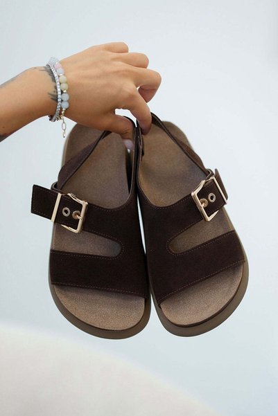 Parponi Lark Women's Buckle Genuine Suede Leather Sandals Brown