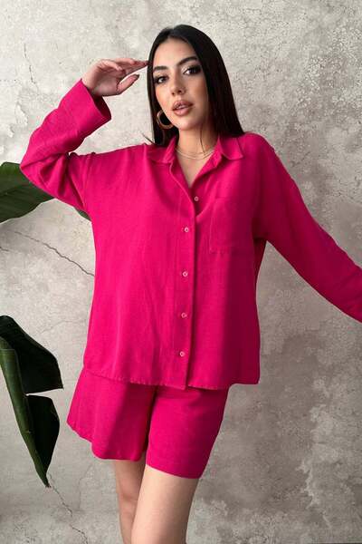 Caddebostan Moda قميص نسائي من الكتان على طراز ألاشاتي مع شورت، طقم صيفي من ق...