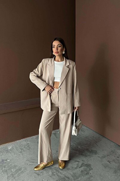 Caddebostan Moda Women's Striped Oversize Blazer Jacket and Wide-Leg Pants Tw...