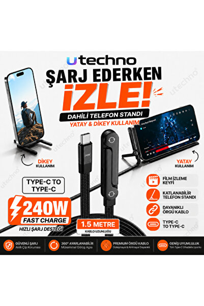 utechno 240W Type-C to Type-C Şarj ve Data Kablosu | Katlanabilir Telefon Sta...