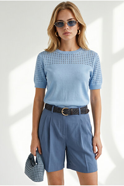 Olalook Women's Baby Blue Openwork Detailed Seasonal Knitwear Blouse Blz-1900...