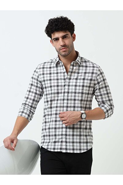 THE SOUTHZ White & Black Check Slub Linen Casual Full Sleeve Shirt