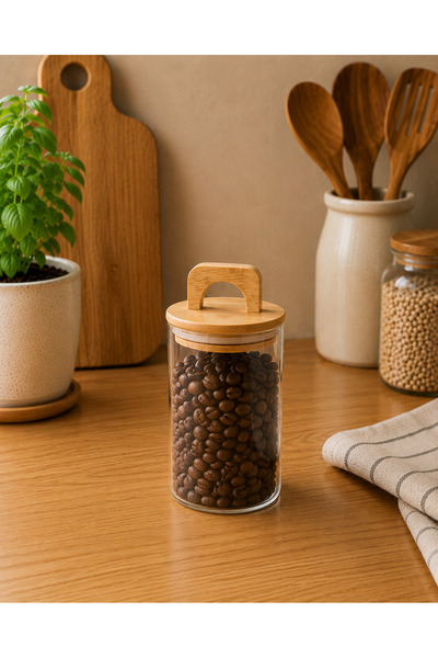 YDGR Bambu Kapaklı Cam Baharatlık Kavanozu | Çay Kahve Şeker ve Baharat Saklama Kavanozu 1000 ml