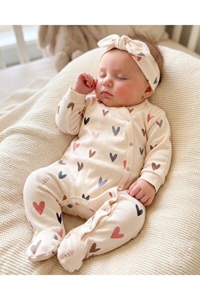 VOY KİDS Baby Girl 100% Cotton Heart Printed Newborn Bandana Romper, 0-3-6-9 ...