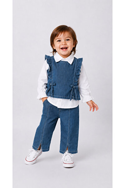 Momivi Kids Kız Bebek & Çocuk Fırfırlı Fiyonk Detaylı Gömlekli Pantolonlu 3'l...