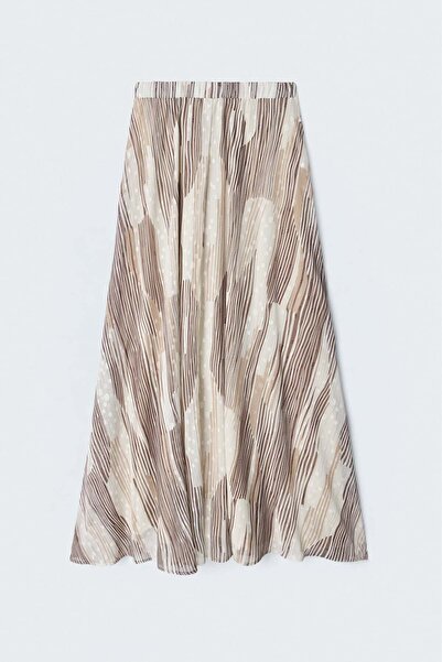 Sateen Patterned Flared Skirt - Brown