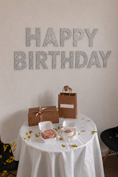 Organizasyon Pazarı Silvery Silver Happy Birthday Lettering Luxurious Look Bi...