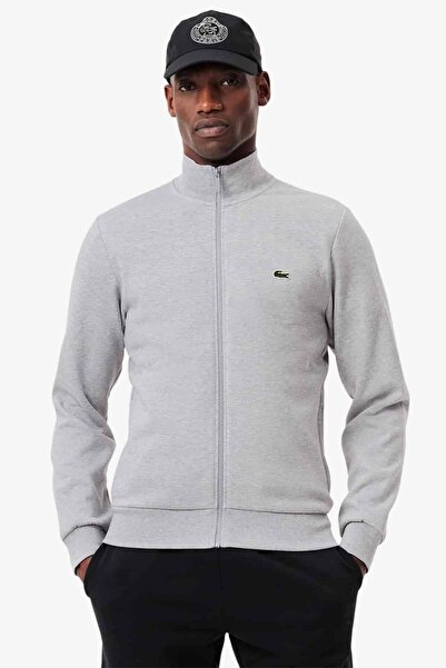 Lacoste هودي رجالي بسحاب كامل، سويت شيرت رجالي بغطاء للرأس وسحاب كامل، لون رمادي