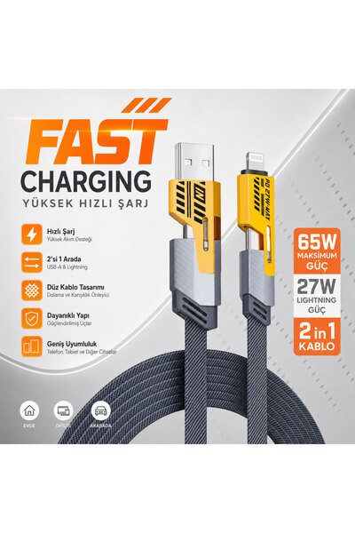 wiks 4in1 65W PD Hızlı Şarj Kablosu iPhone Android Uyumlu Type C Lightning Ku...