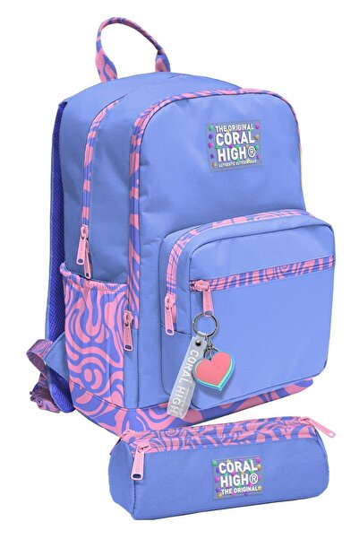 Coral High Purple Wave Patterned Primary and Secondary School Backpack and Pe...