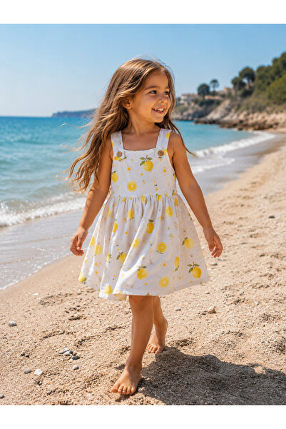 TANIŞ BEBE Kız Çocuk Limon Desenli Müslin Jile Elbise 2 3 4 5 Yaş Yazlık Askı...