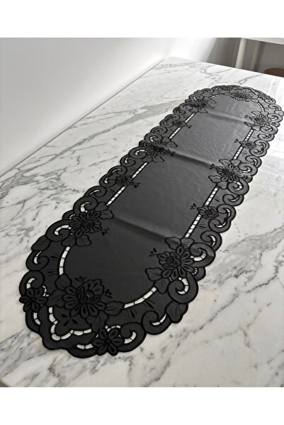 Denef Home Oval Antika - Deri Delik İşi Runner Siyah - 35x120 cm 1 Adet