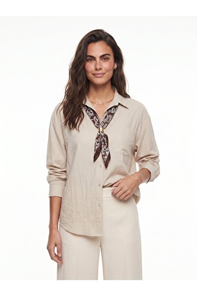 ONLOOX Beige Crinkle Textured Shirt with Collar, Long Sleeves, Loose Fit, Sin...