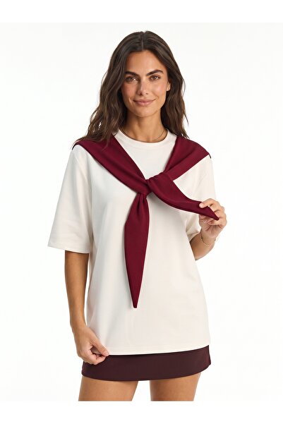 ONLOOX White Burgundy Soft Textured Crew Neck Oversize Shoulder Shawl Detaile...