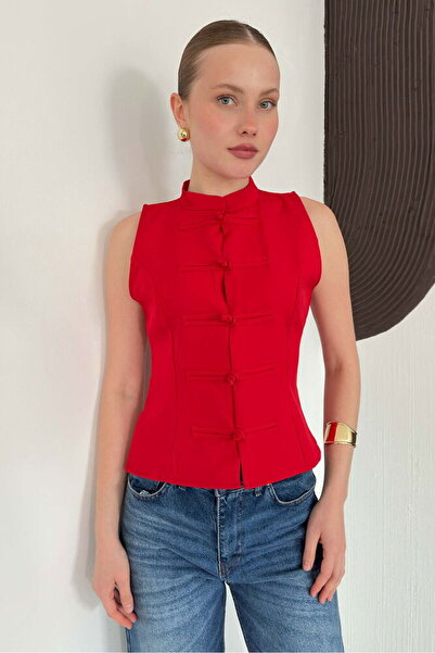 İldies store Çin düğmeli yelek bluz kırmızı