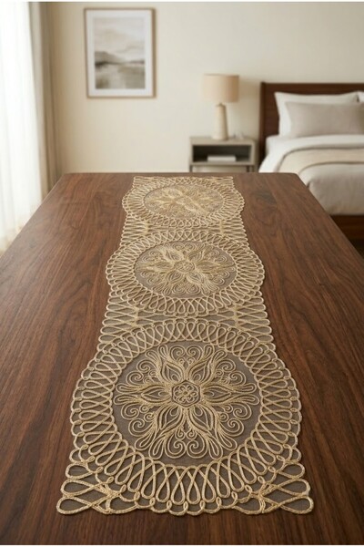 cacao home Fransız Dantelli Örme Tabanlı Tek Runner Masa Örtüsü 35x110 Cm Mas...