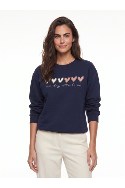 ONLOOX Navy Blue Cotton Three-Thread Ribbed Crew Neck Heart Printed Sweatshirt