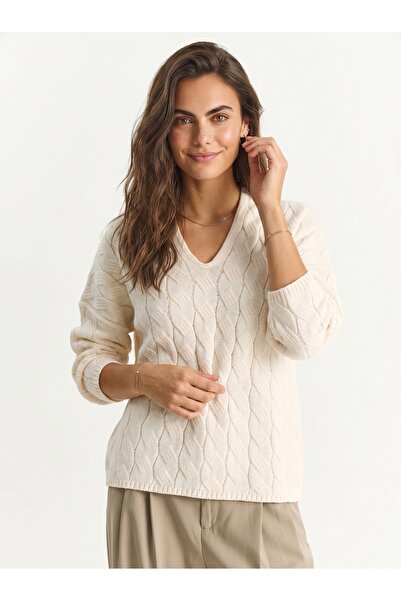 ONLOOX Cream Knitwear Acrylic Textured Oval Collar Oversize Long Sleeve Sweat...