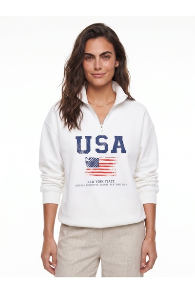 ONLOOX White Cotton Stand Collar Half Zipper Usa Printed Standard Size Sweats...