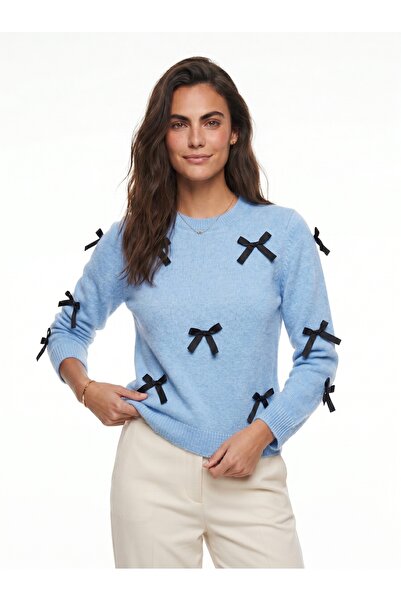 ONLOOX Baby Blue Stretchy Knitwear Fabric Crew Neck Regular Cut Bow Detailed ...