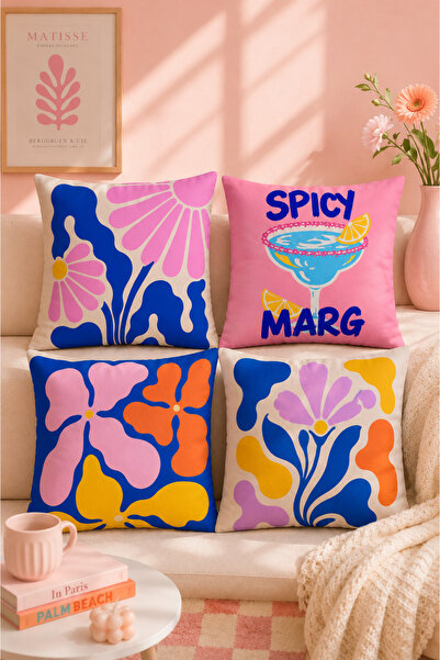 stellahomes Modern Soyut Çiçek Desenli Dekoratif Kırlent Kılıfı 4'lü Set 43x4...