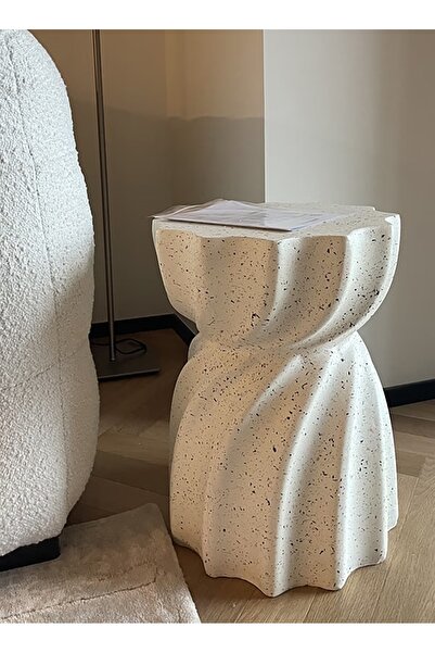 Gaia Home Modern Sculptural Side Table, Magnesium Oxide Accent Table, Concrete Look Bedside Table, White, 35 x 35 x 48 cm