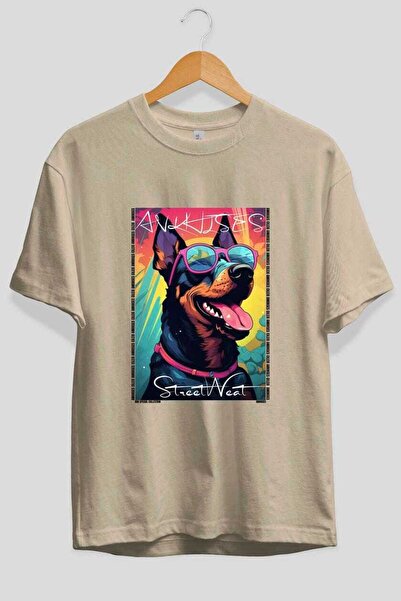 Ankhises For the Love of Dogs 15 Front Dog Prints Beige Oversize T-Shirt 100%...