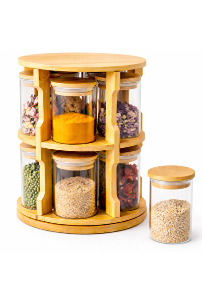 zorlo online store منظم توابل دوار من الخيزران مع مجموعة أوعية زجاجية، 360 در...