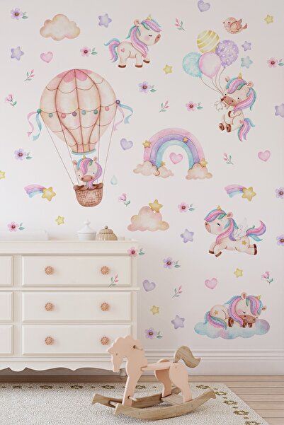 MSticker Unicorn Duvar Sticker Seti 125 Parça – Balonlu Gökkuşağı ve Uçan Unicorn Çocuk Odası Duvar Süsü