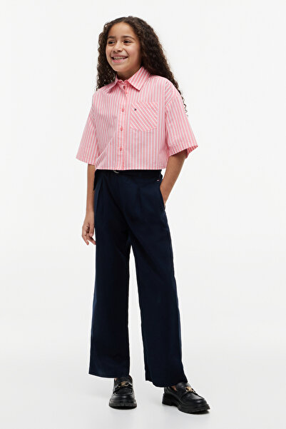 Tommy Hilfiger Girl's Pleated Belted Navy Blue Linen Trousers