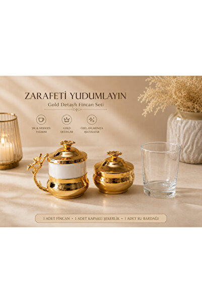 Atak Hediyelik Gold Detaylı Porselen Metal Kahve Fincan tek kişilik set-Kapak...