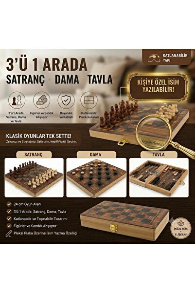 e-life shop Kişiye Özel İsim Yazılabilir Lüks Ahşap 3ü 1 Arada Satranç Dama T...
