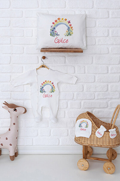 Pia Baby Kız Bebek İsme Özel %100 Pamuk Tulum Şapka Eldiven ve Yastık Kılıfı ...