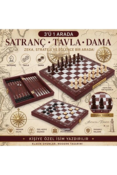 e-life Kişiye Özel İsimli Ahşap 3'ü 1 Arada Satranç Dama Tavla Seti 34 cm Kil...