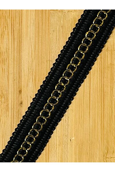 Öztürk Tuhafiye Black Knitted Decorative Strip with Gold Glitter Chain Embroi...