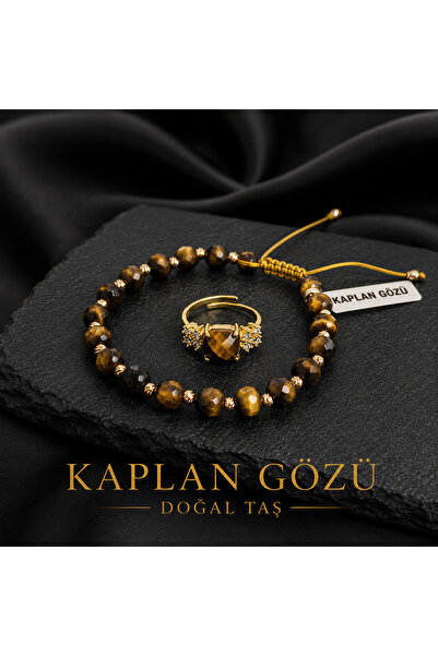 angelloop Kaplan Gözü Doğal Taş Bileklik/Yüzük Seti-Ayarlanabilir-Altın ve Br...
