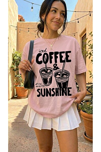 EFFRENATU تي شيرت نسائي أبيض كبير الحجم مطبوع عليه Iced Coffee & Sunshine، مص...