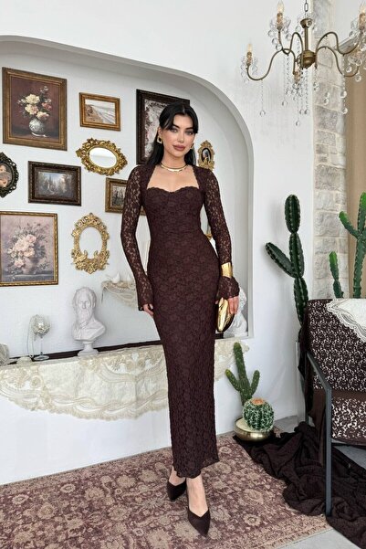 Caddebostan Moda Women's Ruched Long Sleeve Square Neck Midi Dress Stylish Ev...