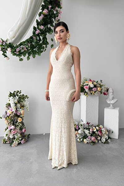 Caddebostan Moda Lace Detailed Backless Strap Evening Dress Midi Dress