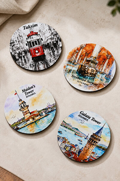 BYC TÜRKİYE Istanbul Themed Set of 4 Coasters 9 cm Round Mdf Digital Printing